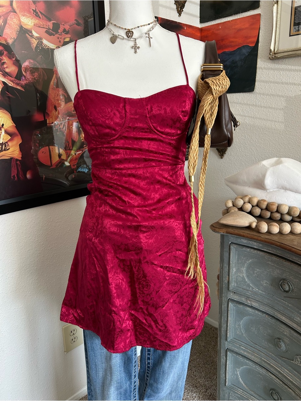 90s Y2K Red Mini Dress Size 2 Satin Floral Bustier Sweetheart Strappy Going Out